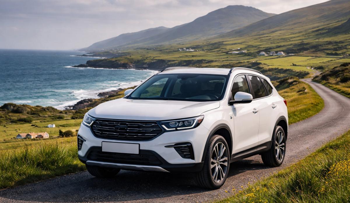 Weißer SUV an einer Küstenstraße in Irland