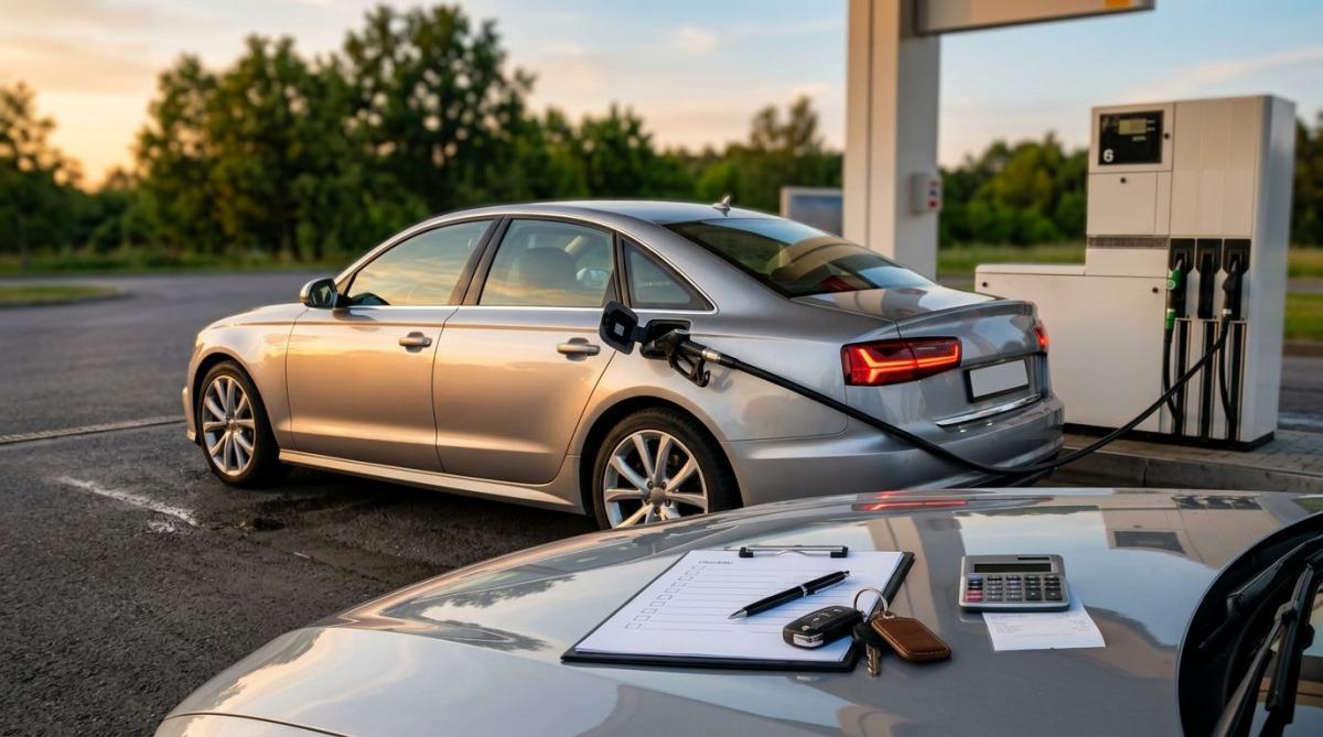 Auto wird an einer Tankstelle getankt