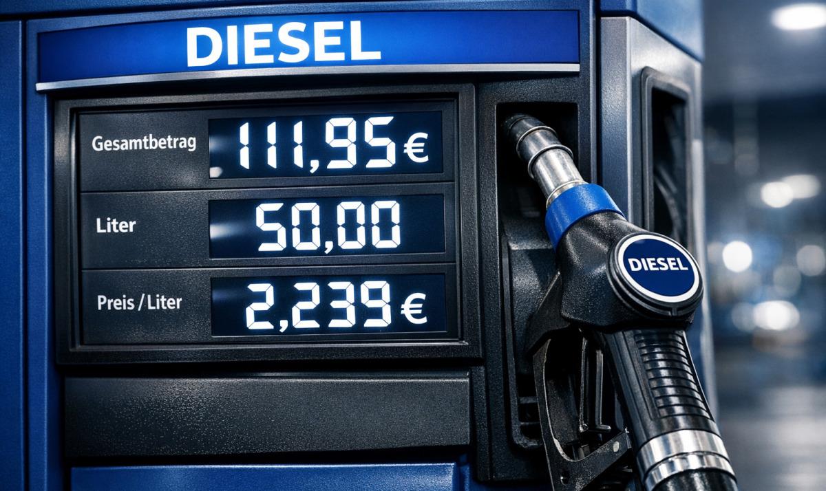 Dieselpreise steigen zu schnell Eine Dieseltankstelle, auf der ein Literpreis von 2,239 Euro pro Liter, ein Tankvolumen von 50 Litern und ein Gesamtpreis von 111,95 € ausgewiesen ist