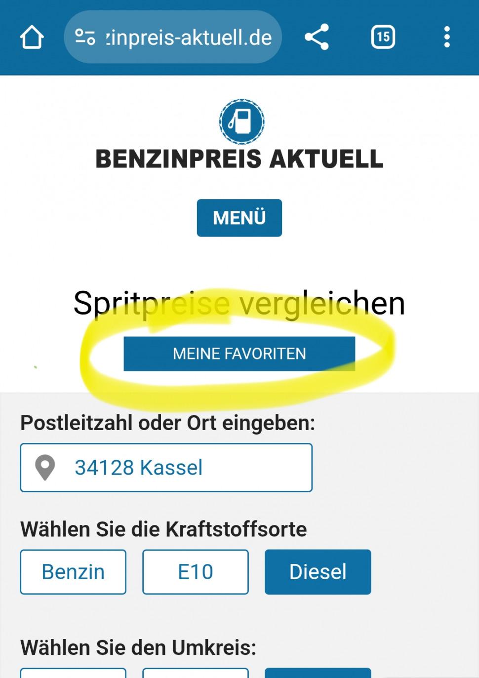 Screenshot Startseite Benzinpreis-Aktuell.de mit Link