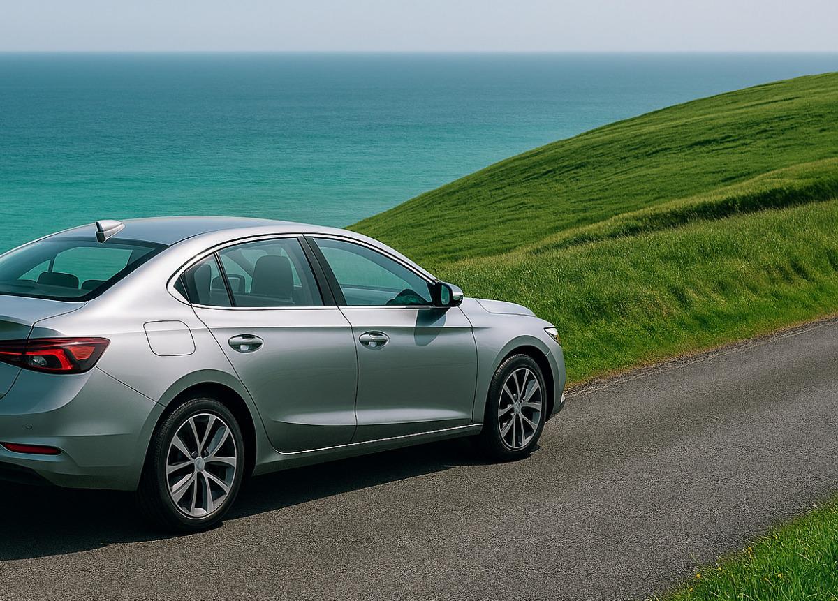 Auto auf einer Landstraße an einer Uferstraße in Irland