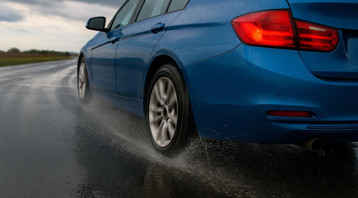 Blaues Fahrzeug kommt auf nasser Fahrbahn ins Schleudern
