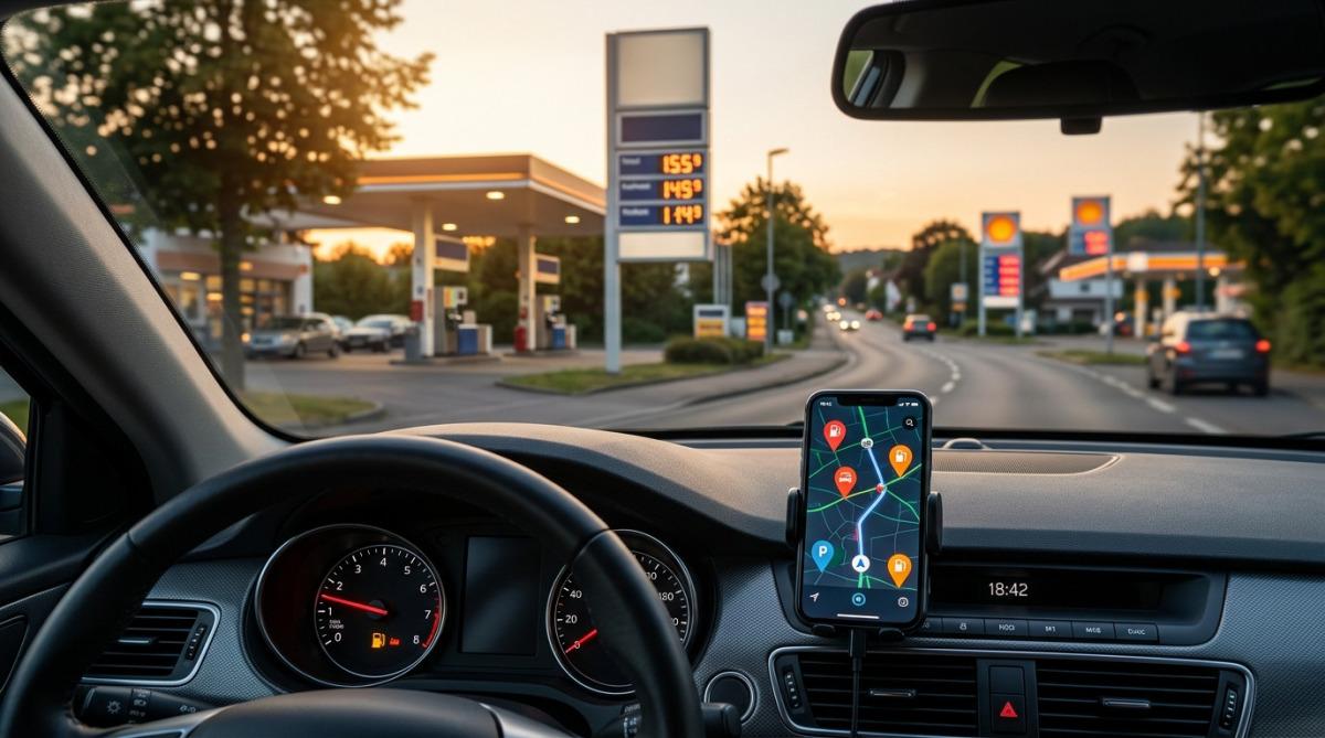 Navigationsgerät zeigt im Auto wo Tankstellen sind