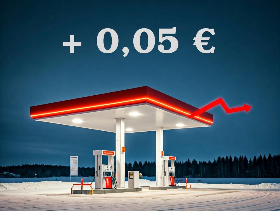 Spritpreise steigen um 5 Cent pro Liter Tanksäule in Schneelandschaft, ein roter Pfeil, der die teueren Spritpreise repräsentiert und die Überschrift +0,05 €