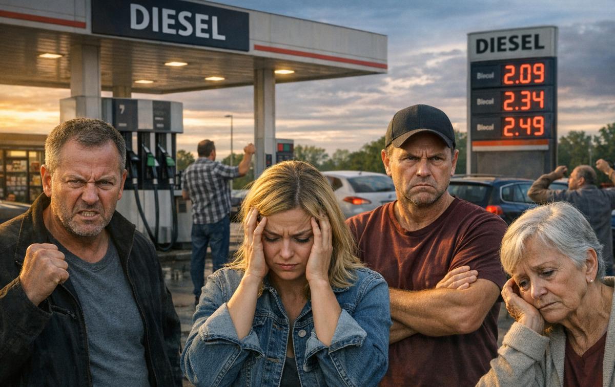 Leute stehen erzörnt vor einer Tankstelle und regen sich über die stark gestiegenen Preise auf