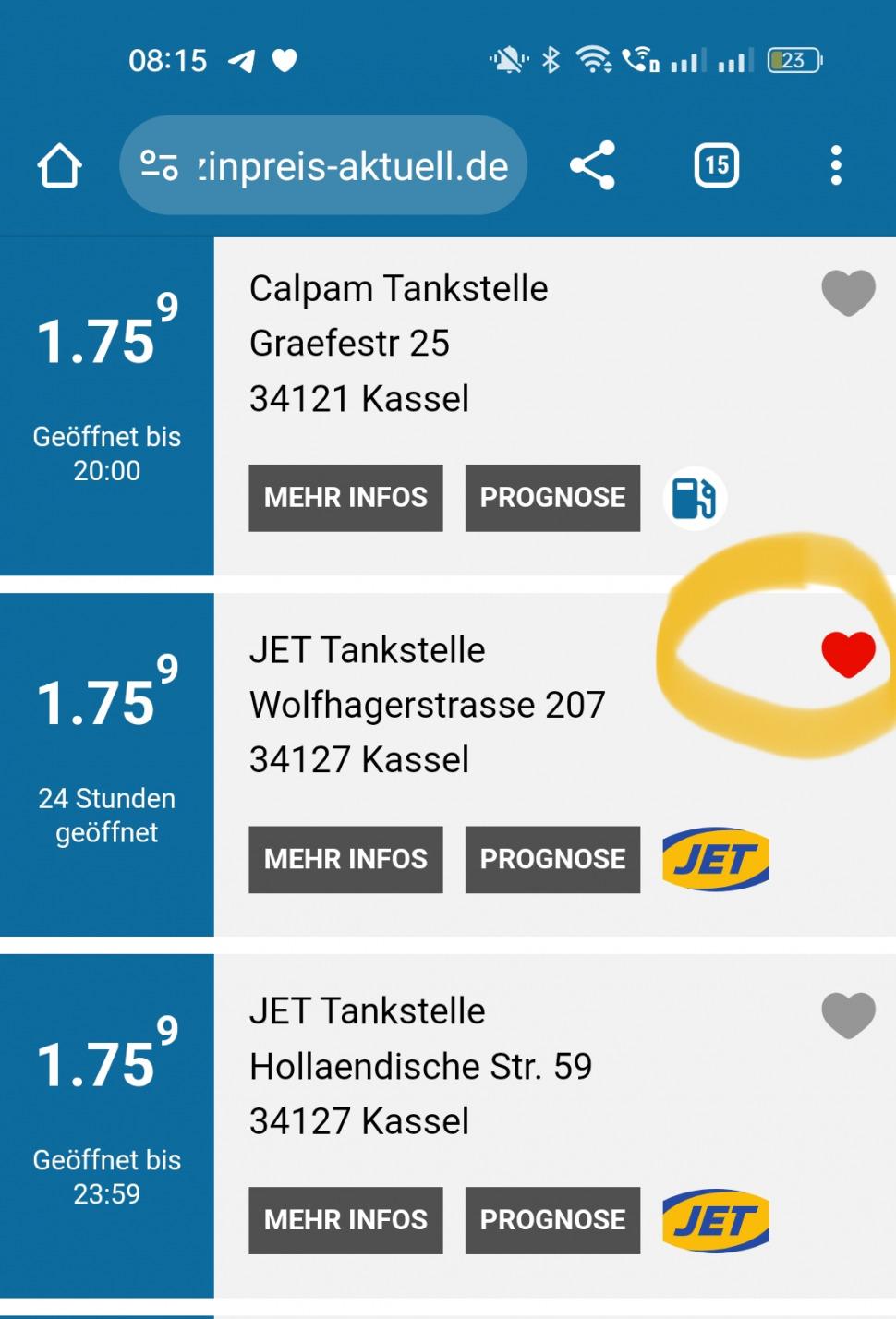 Screenshot Tankstellenpreise und Favoriten-Funktion - Herz
